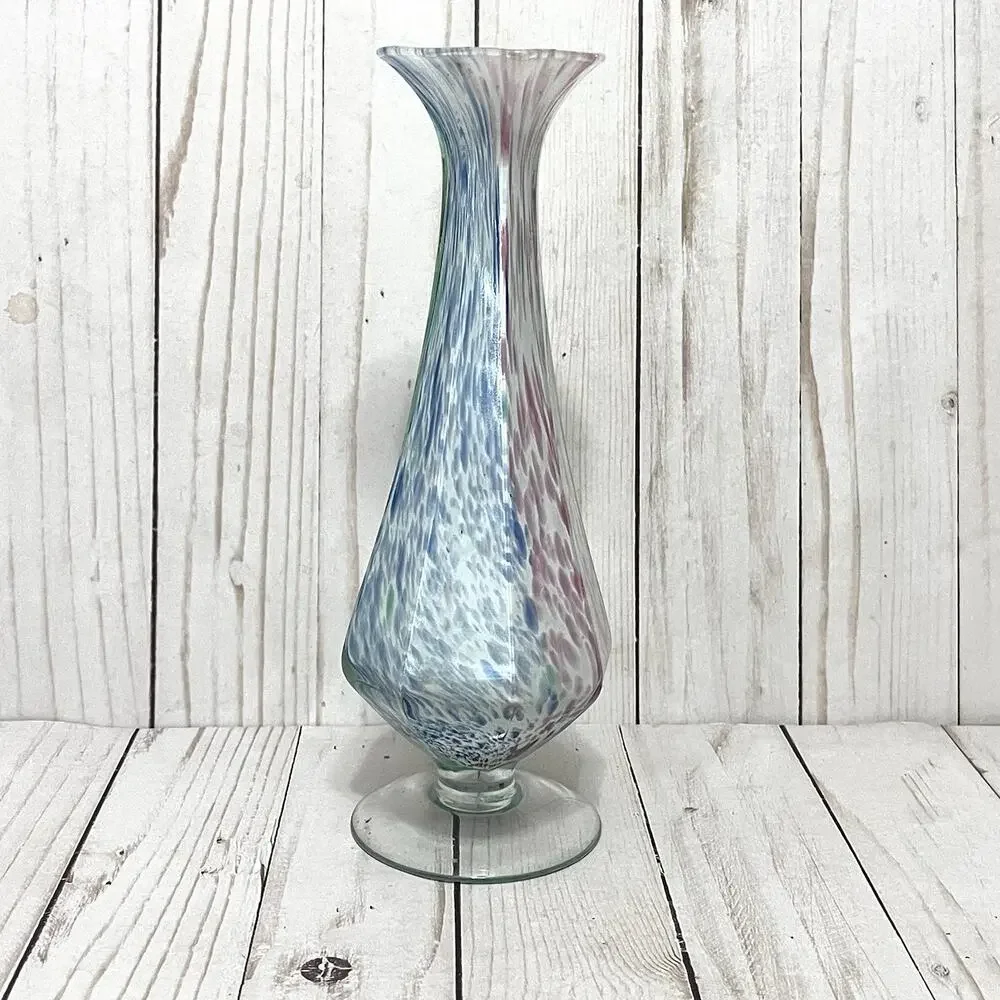 Lavorazione Murano Glass Bud Vase Fluted Twisted-Stem Blue Green Pink Speckled